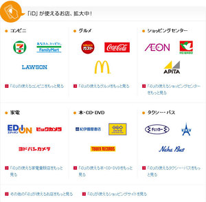 「iD」の利用可能店舗は約50万店と、「非接触型」の電子マネーとしては最大規模。「セブン-イレブン」「ローソン」「ファミリーマート」の大手のほか16のコンビニチェーン、「マクドナルド」や「プロント」などのファストフード店など、少額決済が多くてクレジットカードが使いにくい店舗での利用が可能だ。