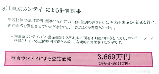 B社の査定書(東京カンテイによる計算結果)