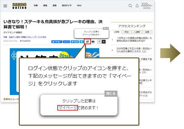 【1】ログイン状態でクリップのアイコンを押しして、「マイページ」をタップします。