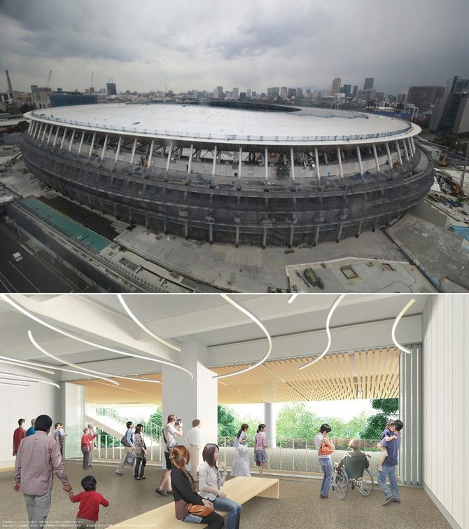 新国立競技場外観、外周に沿った憩いのスぺース「風のテラス」