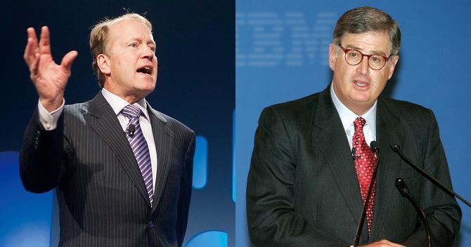 シスコシステムズ元CEOのジョン・チェンバース氏(左)とIBM元会長のサミュエル・パルミサーノ氏