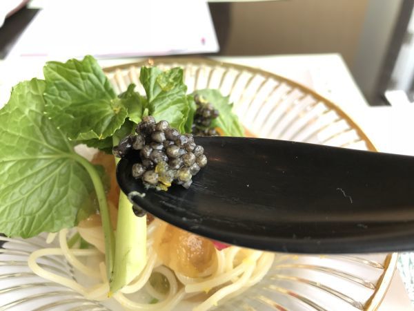 前菜の「聖護院蕪の冷製パスタ キャビアのせ」